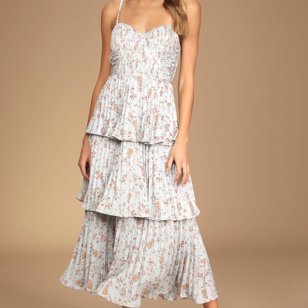 Cascading Crush Blue Floral Print Tiered Bustier Midi Dress